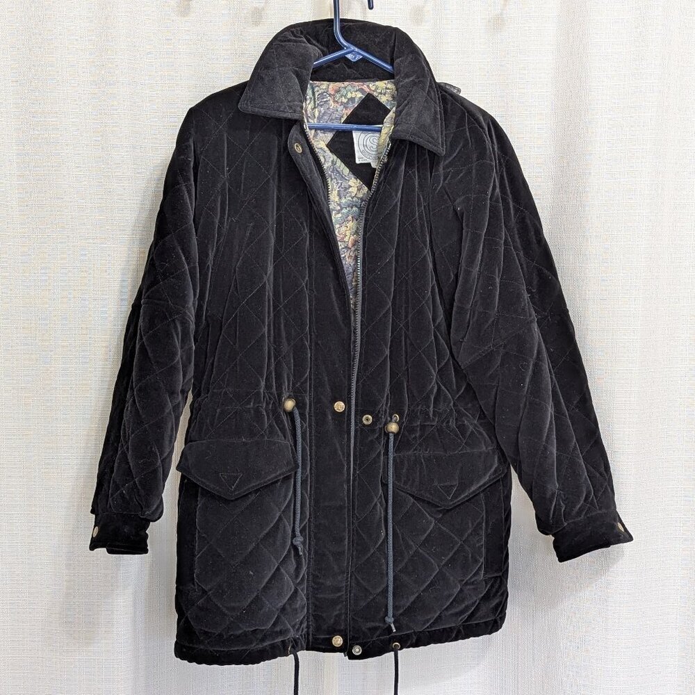 Be In The Current Seen Women's Black Quilted Velour Hooded Jacket Cotton Puffy M